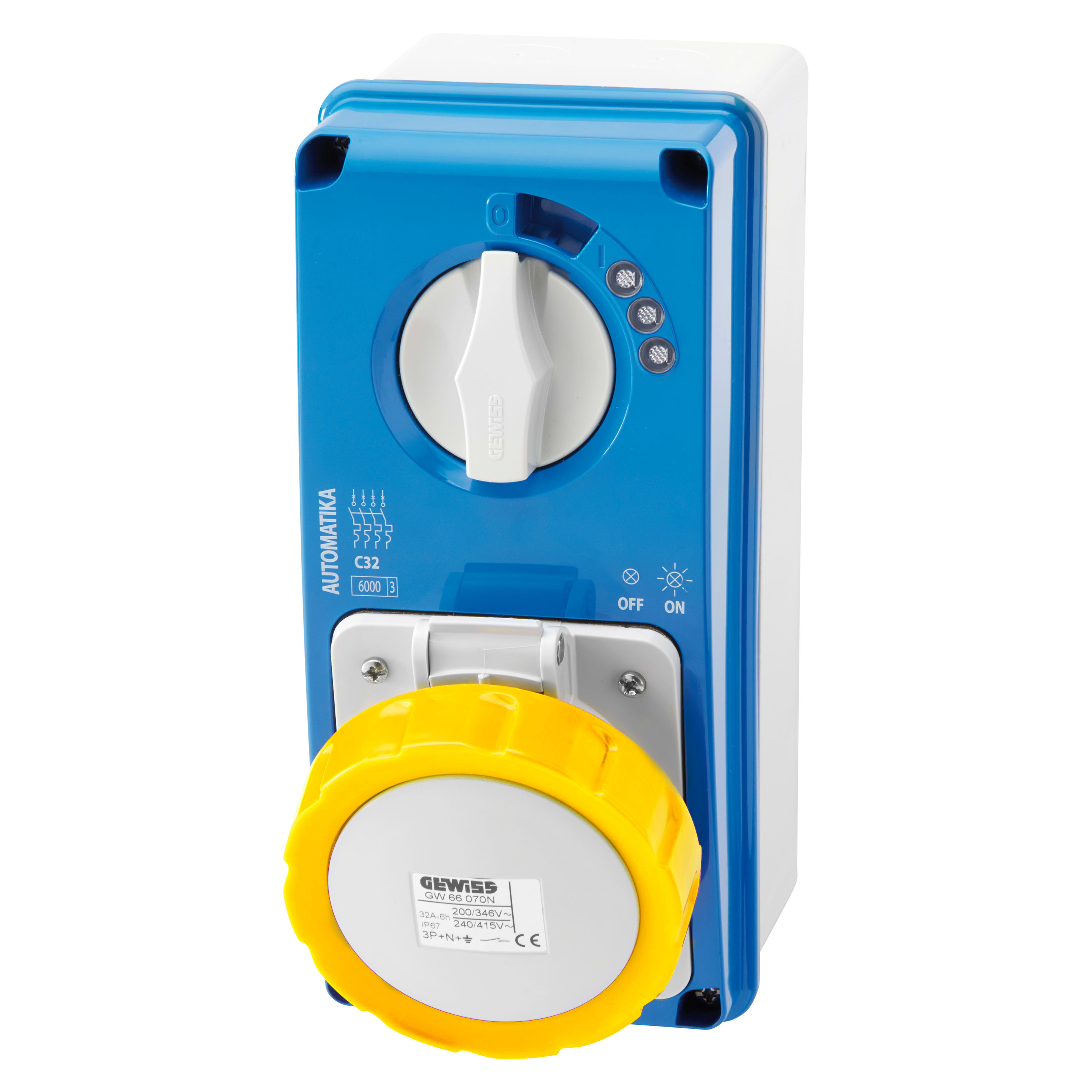 GEWISS - GEWGW66063N PRESA FISSA INTERBLOCCATA VERTICALE - AUTOMATIKA - MT 6KA CURVA C - CON FONDO - 3P+T 32A 100-130V - 50/60HZ 4H - IP67