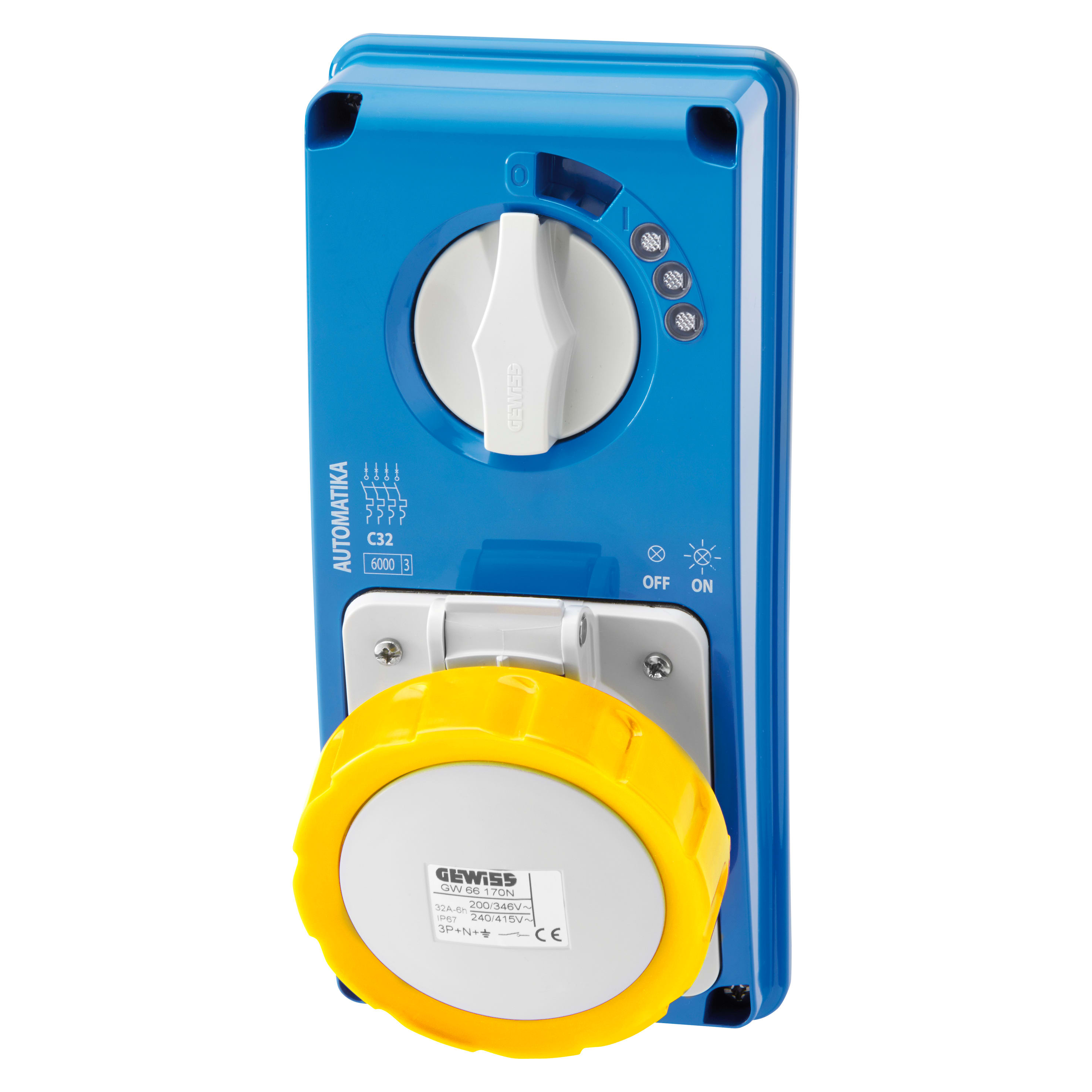 GEWISS - GEWGW66153N PRESA FISSA INTERBLOCCATA VERTICALE - AUTOMATIKA - MT 6KA CURVA C - SENZA FONDO - 3P+N+T 16A 100-130V - 50/60HZ 4H - IP67