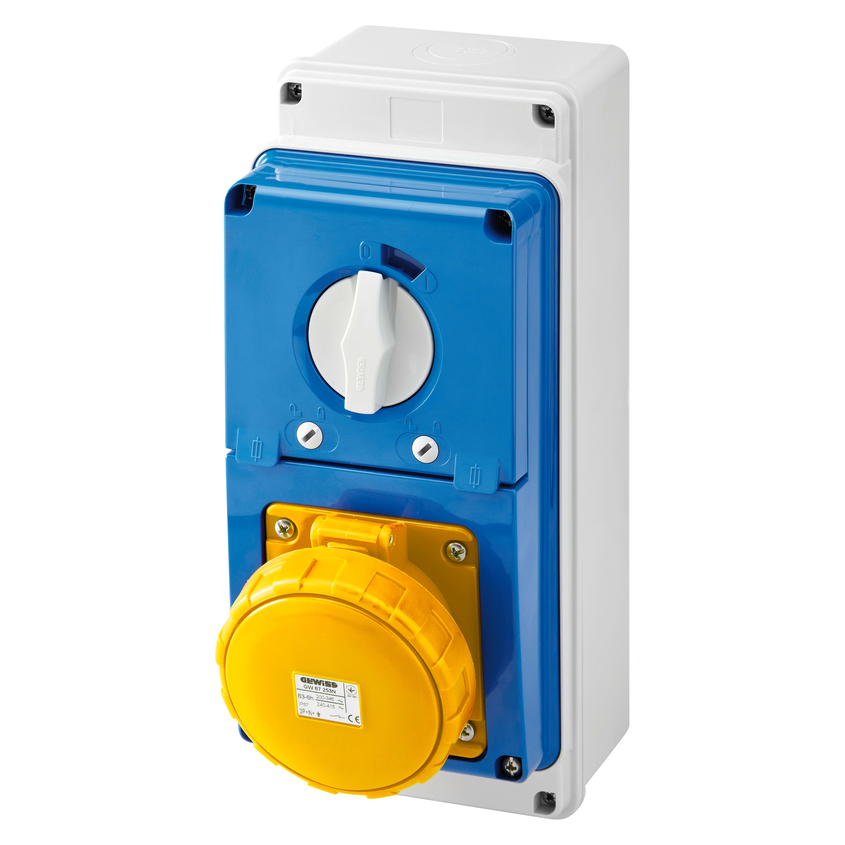 GEWISS - GEWGW67245N PRESA FISSA INTERBLOCCATA VERTICALE - CON FONDO - CON BASE PORTAFUSIBILI - 2P+T 63A 100-130V - 50/60HZ 4H - IP67