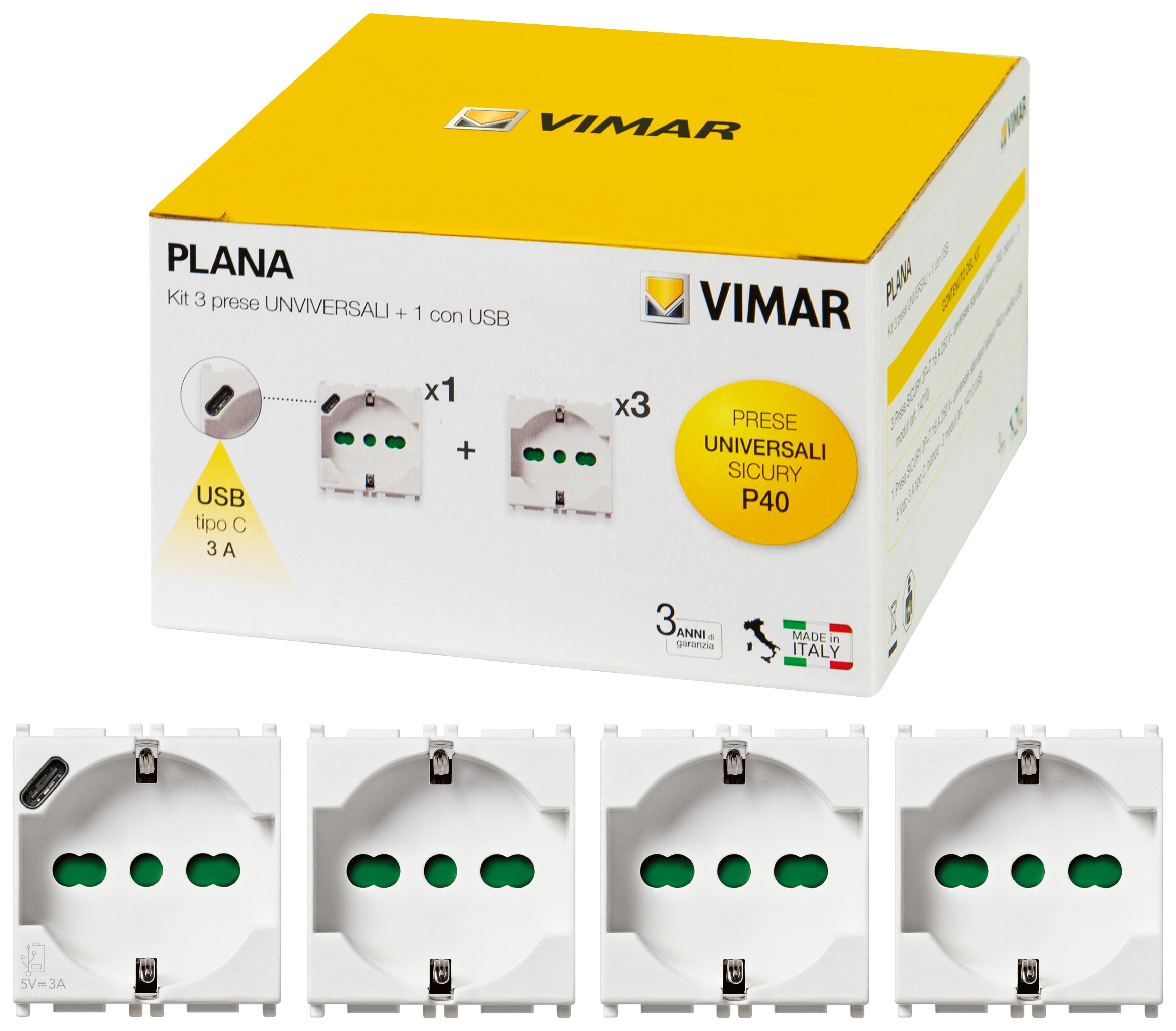VIMAR SPA - VIW0K14210 Kit 3 prese P40 + 1 P40 con USB C Plana