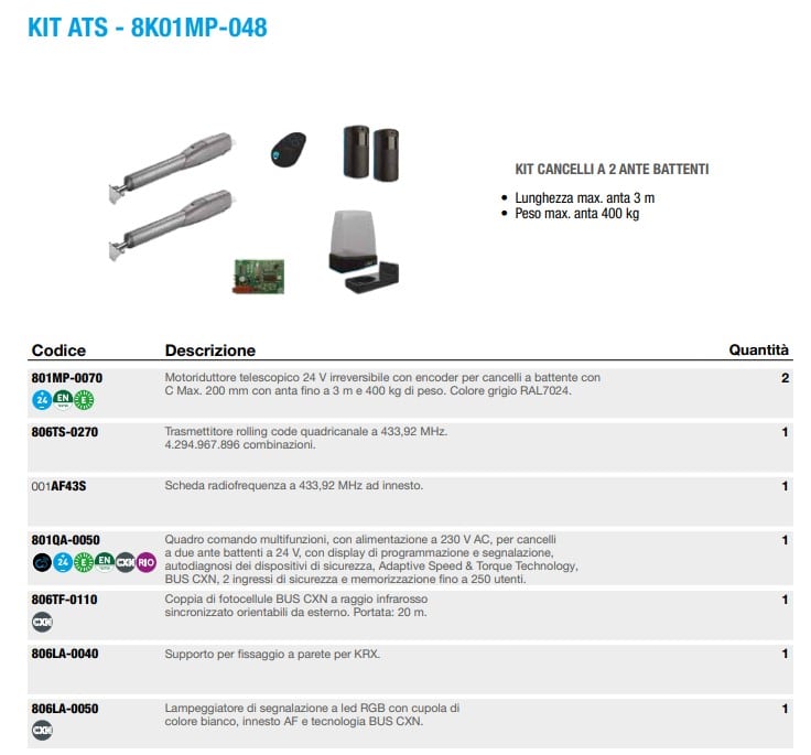 CAME SRL - CMC8K01MP-048 KIT TELESCOPICO ATS 3M 24V ZLXM BUS