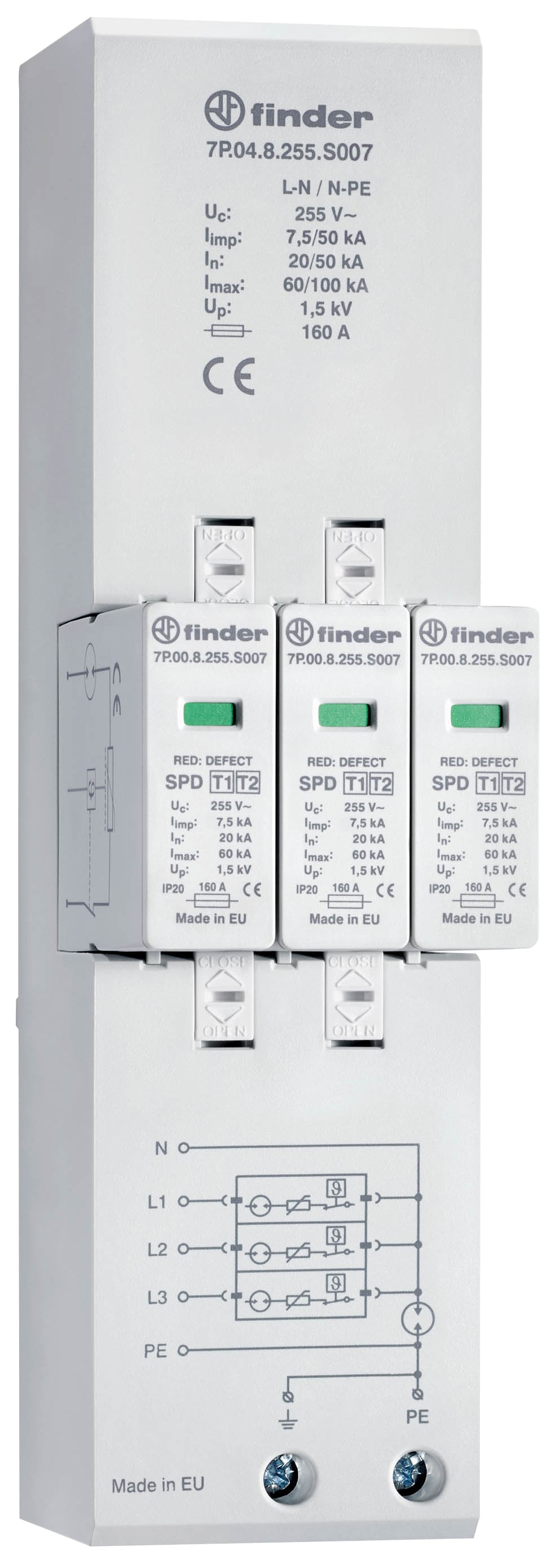 FINDER SPA - FIN7P048255S007 SPD CLASSE1+2 TRIFASE 4P 255VAC 3+1 7KA
