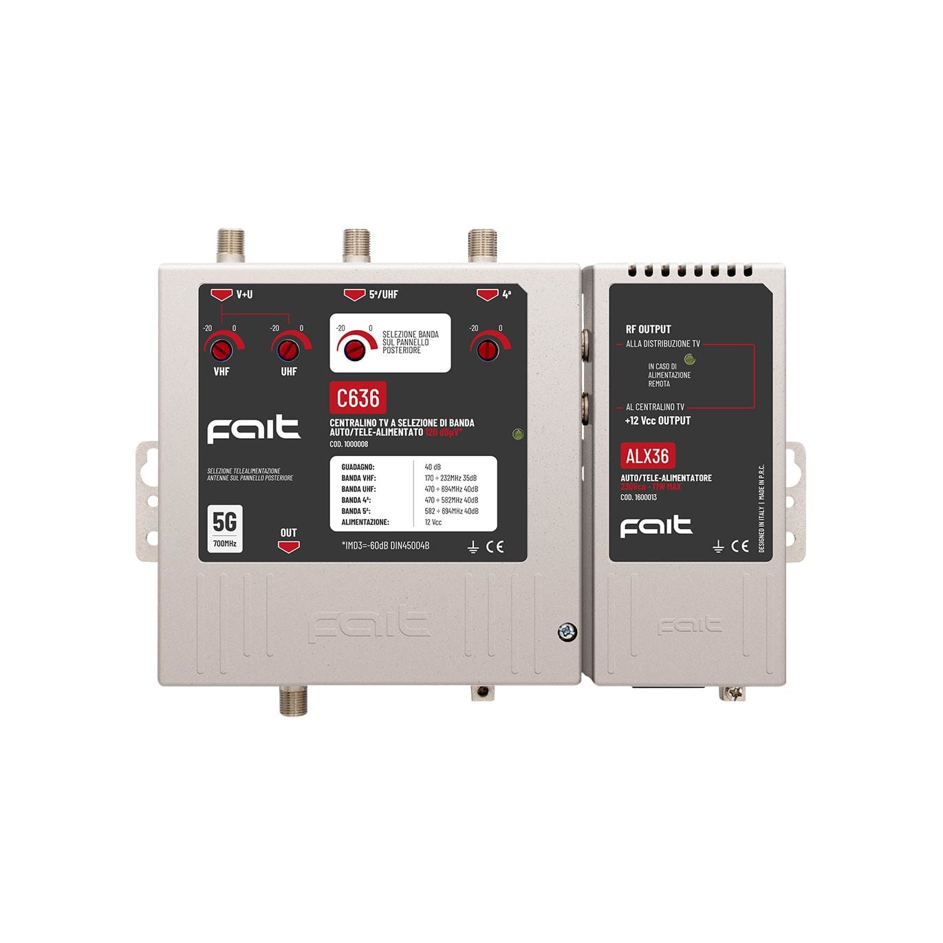 FAIT SRL - FIT1000008 C636 - AMPLIFICATORE 3 IN CONFIG. 40dB / 120dBuV AUTO-TELE ALIM.