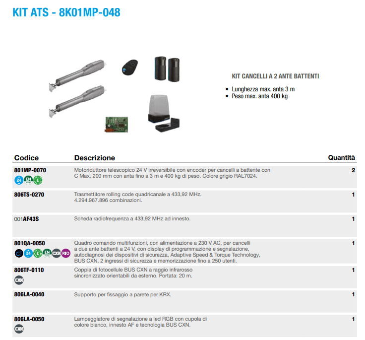 CAME SPA - CMC8K01MP-048 KIT TELESCOPICO ATS 3M 24V ZLXM BUS