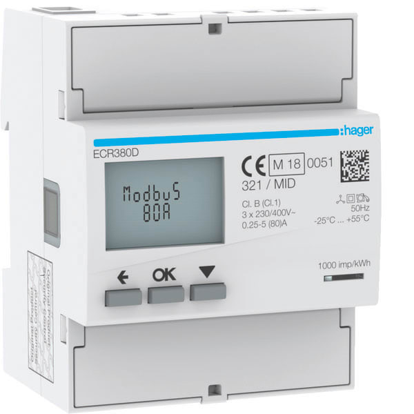HAGER - HAGECR380D CONTATORE 3F DIR 80A MODBUS MID 4M