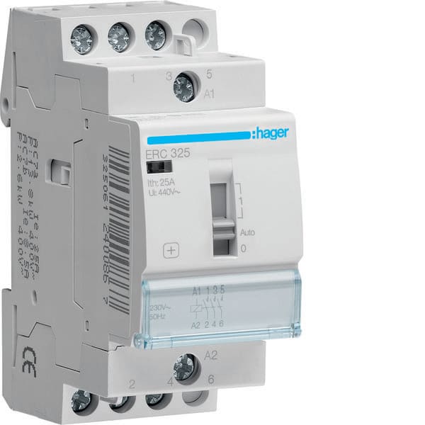 HAGER - HAGERC325 CONTATTORE COM MAN STD+ 3NA 230VAC 25A 2
