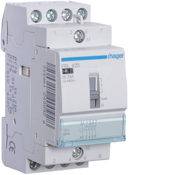 HAGER - HAGERL425 CONTATTORE COM MAN STD+ 4NA 12VAC 25A 2M
