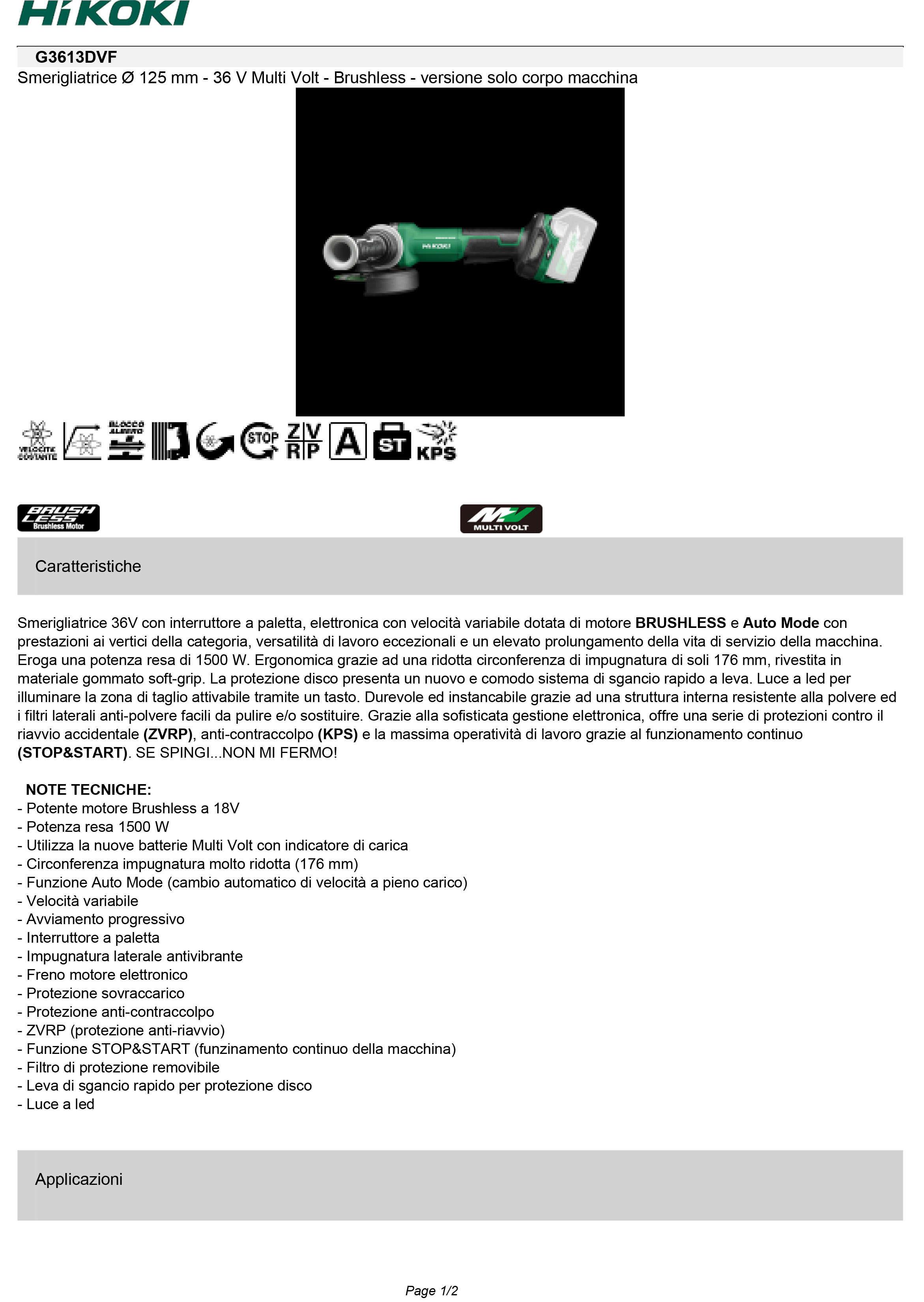 HIKOKI POWER TOOLS - HIAG3613DVFW2Z SMER. ANGOLARE 36V 125MM, CORPO