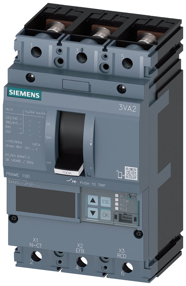 SIEMENS - SIE3VA20105JP320AA0 interruttore automatico 3VA2 IEC frame 100 classe del potere di interruzione M Icu=55kA con 415V a 3 poli, protezione impianto ETU550, LSI, In=100A...