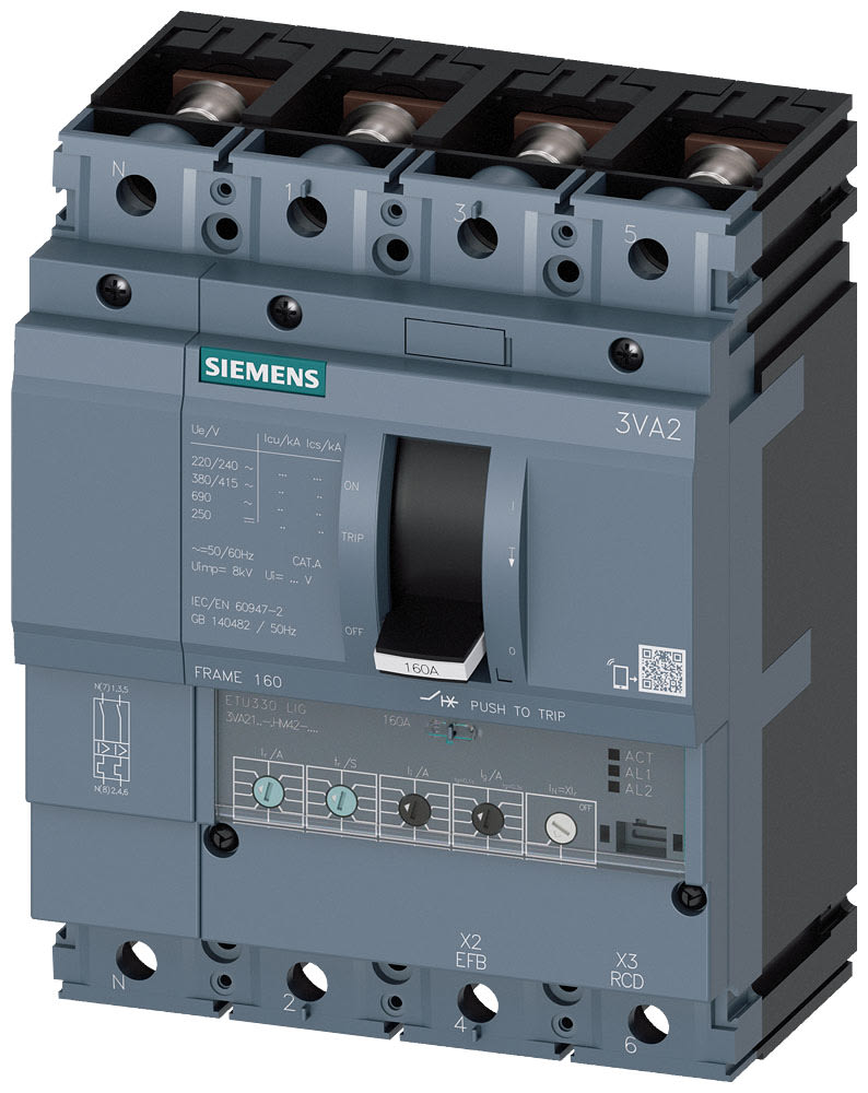 SIEMENS - SIE3VA21635HM420AA0 interruttore automatico 3VA2 IEC frame 160 classe del potere di interruzione M Icu=55kA con 415V a 4 poli, protezione impianto ETU330, LIG, In=63A ...