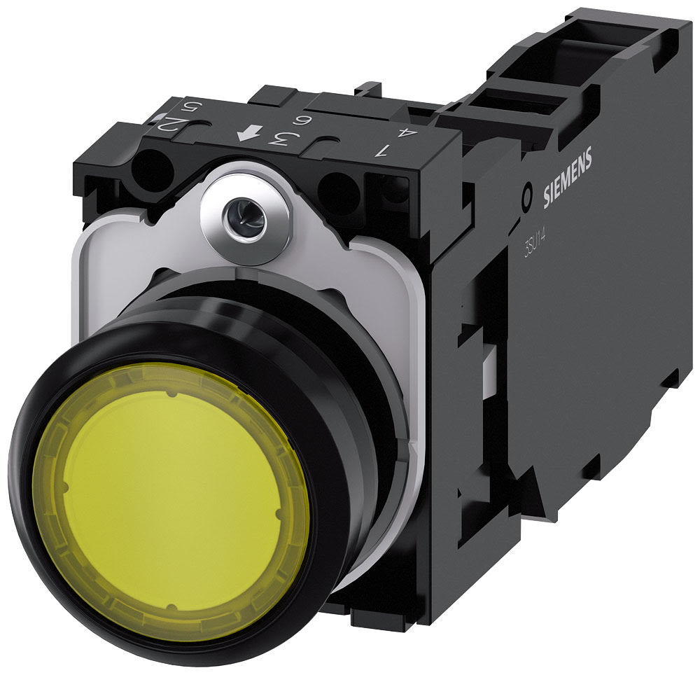SIEMENS - SIE3SU11020AB301FA0 Pulsante, illuminato, 22 mm, rotondo, in plastica, colore giallo, 1NO+1NC, AC/DC 24