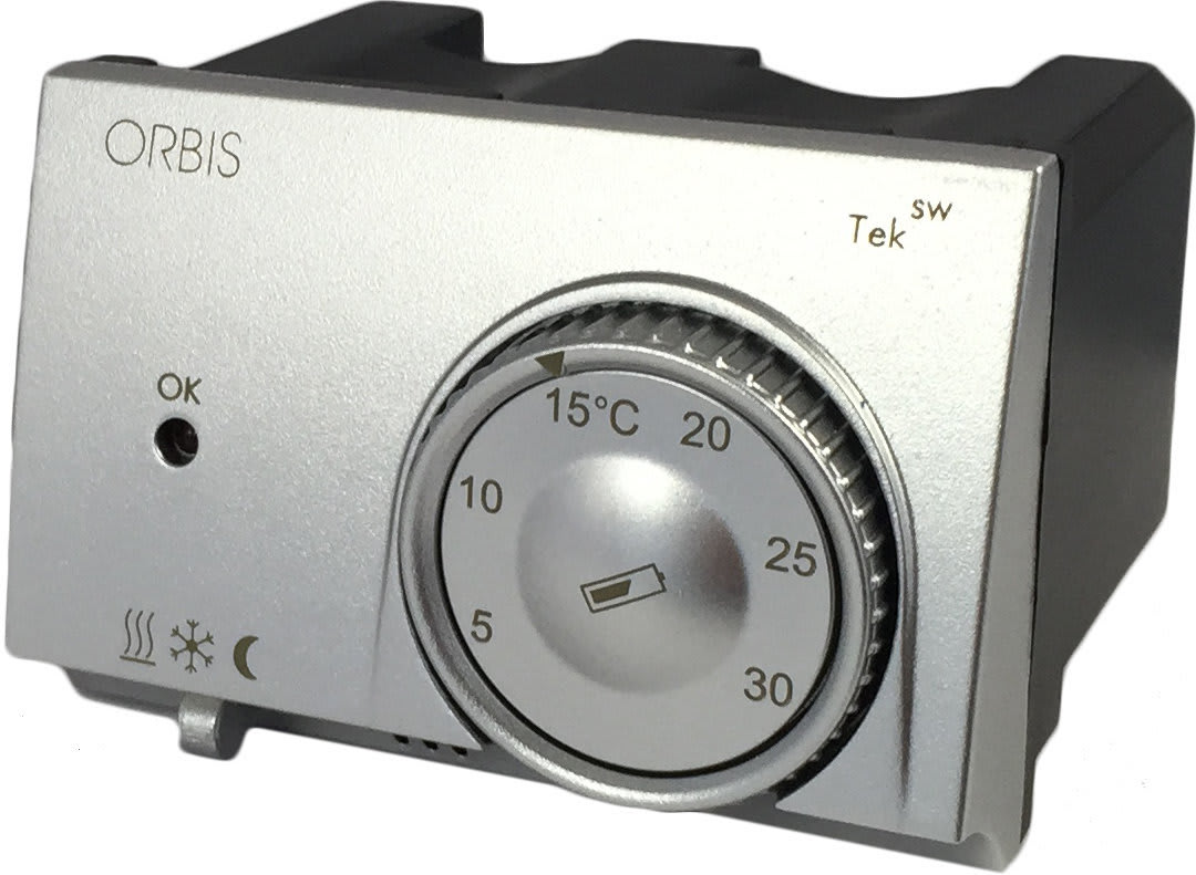 ORBIS - ORBOB322720 TEK SW ALLUMINIO Termostati elettronici da incasso, selettore riscaldamento/condizionamento, modalità notturna, 2 batterie 1.5V