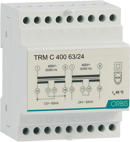ORBIS - ORBOB86C46324 TRM C 400 63/24 Trasformatori modulari per campanelli, potenza 63 VA, 4 moduli DIN, tensione primario 400V, tensione secondario 12/24 VAC