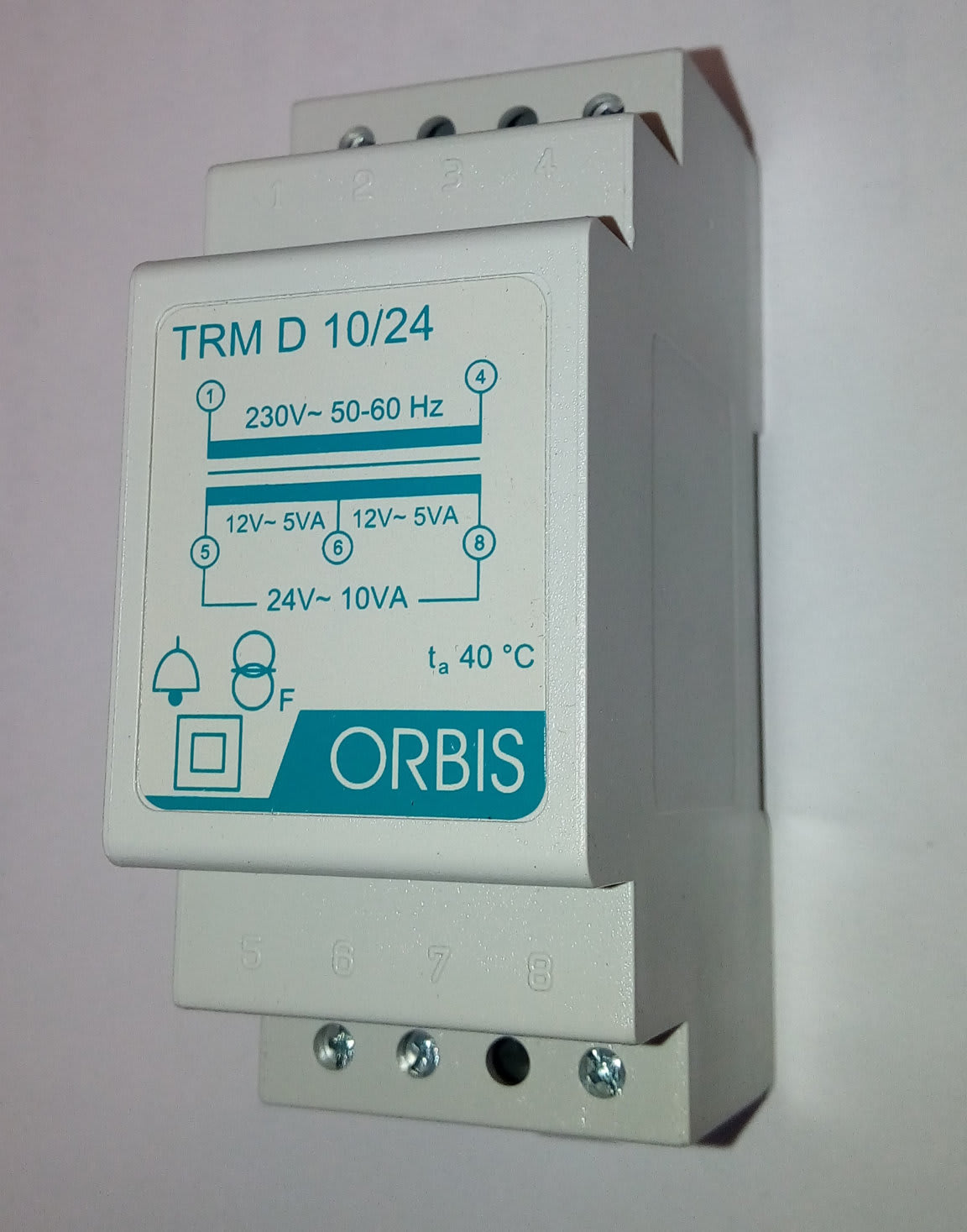 ORBIS - ORBOB86D1024 TRM D 10/24 Trasformatori modulari per campanelli, potenza 10 VA, 2 moduli DIN, tensione primario 230V, tensione secondario 12/24 VAC