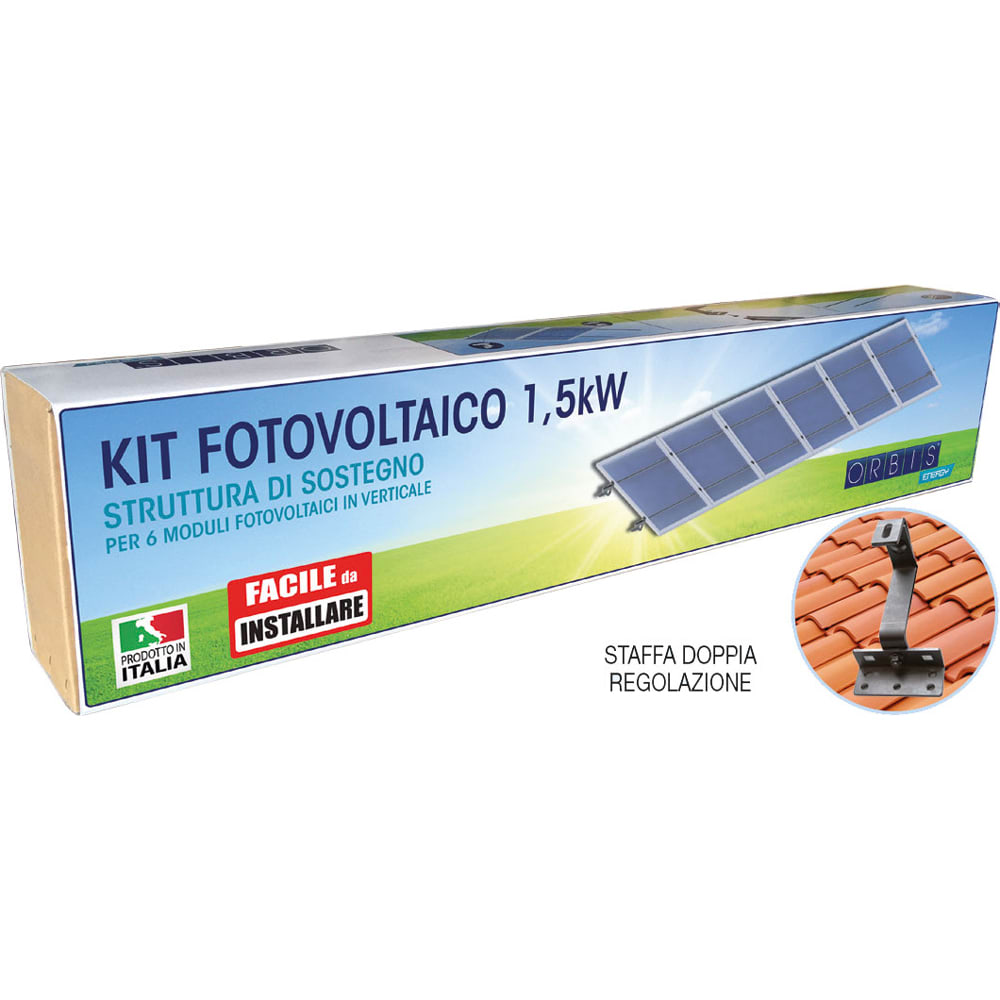 ORBIS - ORBOBKT6315 KIT FST-R6 KIT STRUTTURA DI SOSTEGNO 6 PANNELLI per 6 moduli fotovoltaici in verticale su tetto con tegole o coppi, Staffa DOPPIA REGOLAZIONE