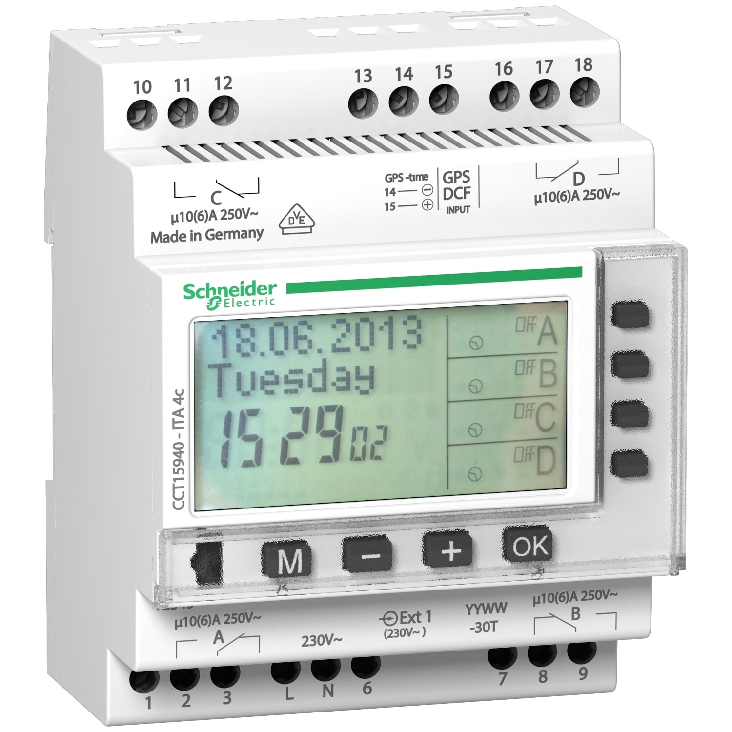 SCHNEIDER ELECTRIC - SNRCCT15940 Interruttore orario digitale ITA, 24h+7giorni+1anno, 4 canali, con memoria