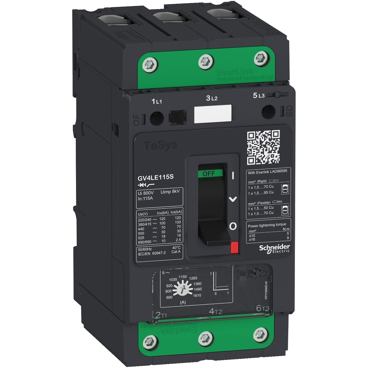 SCHNEIDER ELECTRIC - SNRGV4LE115N Interruttore salvamotore magnetico 115A 50kA Everlink