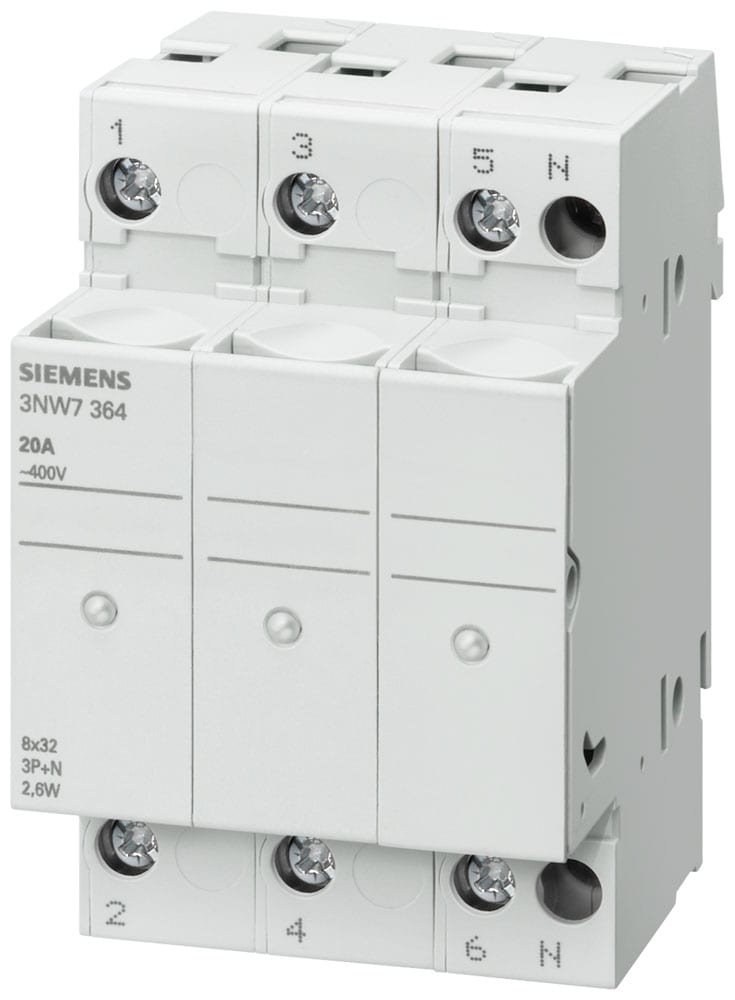 SIEMENS - SIE3NW7064 SENTRON, portafusibili per cartucce cilindriche, 10 x 38 mm, 3 poli+N, In: 32 A, Un AC: 690 V, LED