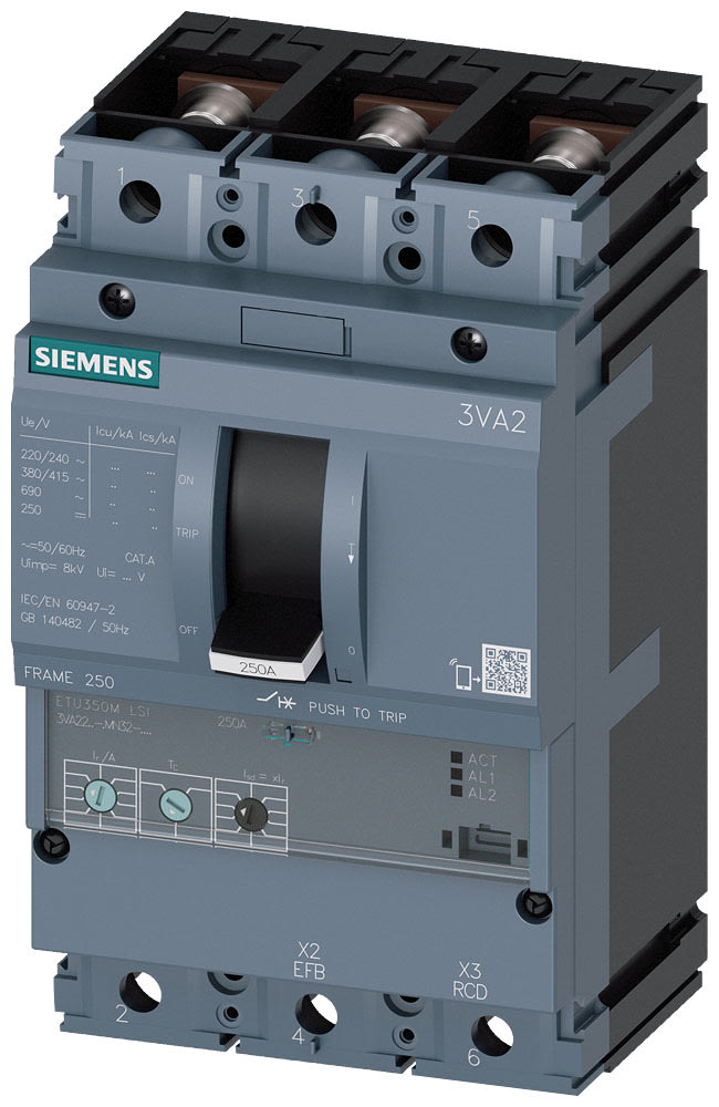 SIEMENS - SIE3VA22165MN320AA0 interruttore automatico 3VA2 IEC frame 250 classe del potere di interruzione M Icu=55kA con 415V a 3 poli, protezione motore ETU350M, LSI, In=160A ...