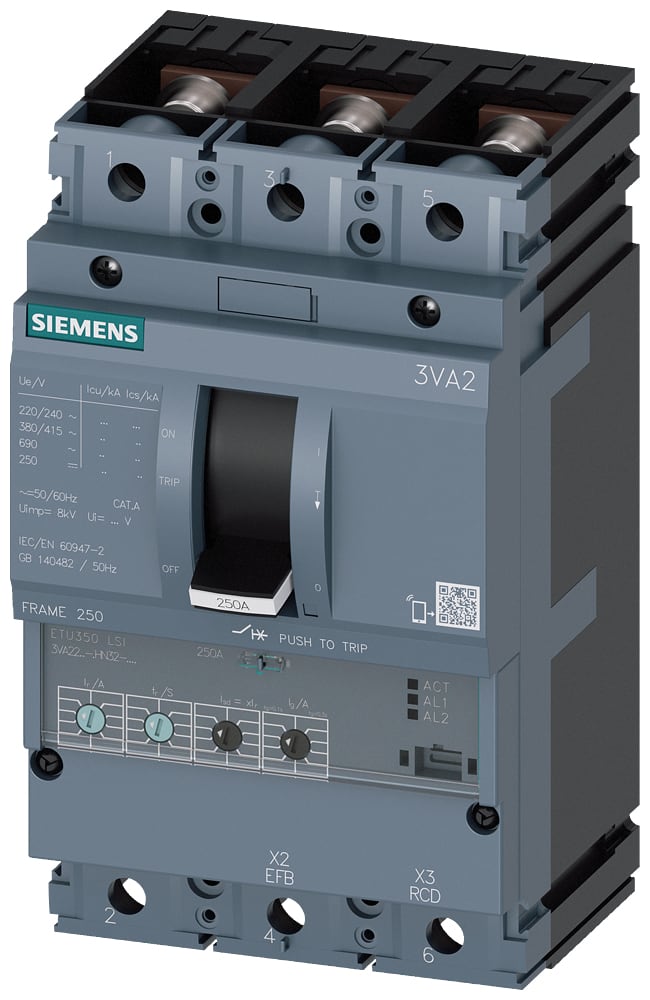 SIEMENS - SIE3VA22255HN320AA0 INT.AUT.3VA 250A 3P 55KA ETU3 LSI L/T