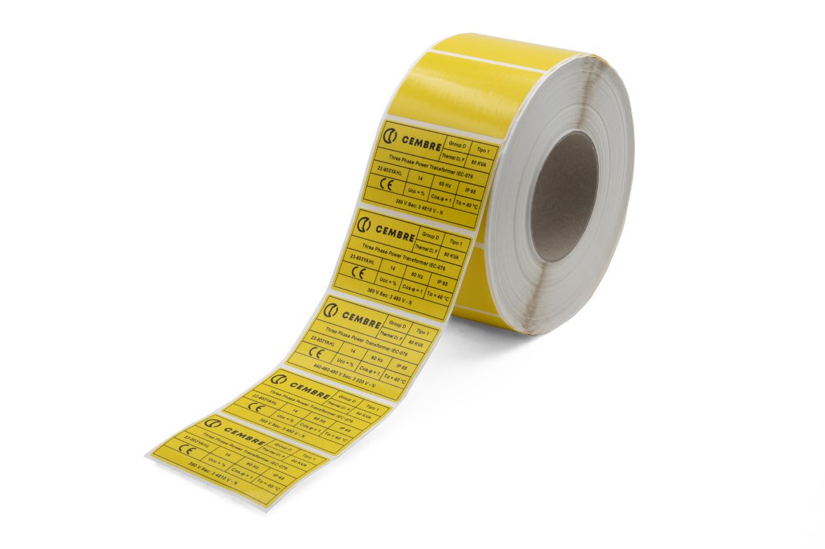 CEMBRE SPA - CEM8400075YVYG ETICHETTE ADESIVE, PER STAMPANTI A TRASFERIMENTO TERMICO, SU ROTOLO, FILM PVC PER ESTERNO, GIALLO, CERTIFICATO UL, 25x80mm