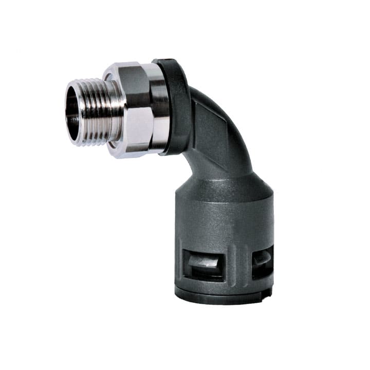 COSMEC - CSM5029-1720NMG Raccordo curvo a 90° con filetto maschio metallico girevole, Metrico 20 x 1,5 mm , IP68, nero, AD21,2